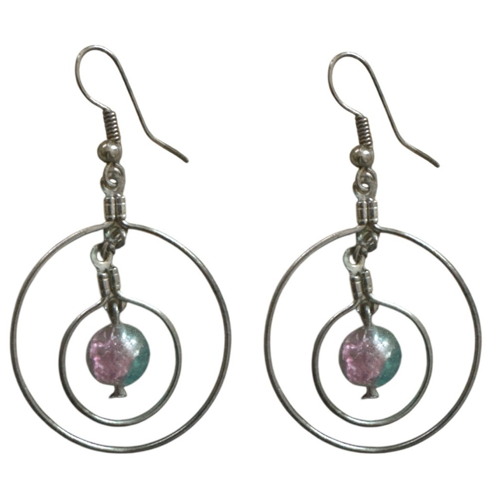 3 FOR $10 HANDCRAFTED Silver-Tone Wire Dangle Hoop Earrings W/ Pink & Blue Beads